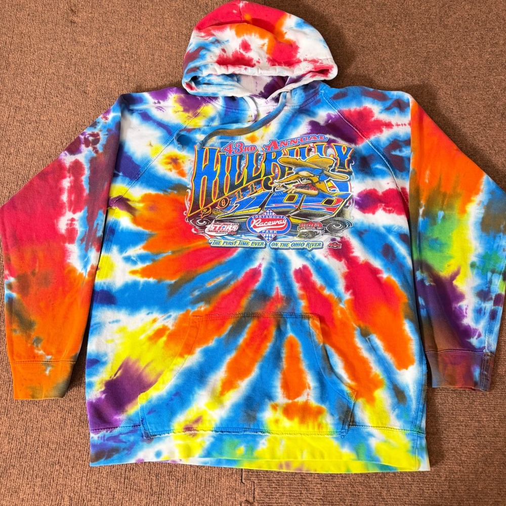 Comfort Colors Hillbilly 100 Racing Tie Dye Hoodie Mens Large Portsmouth Raceway